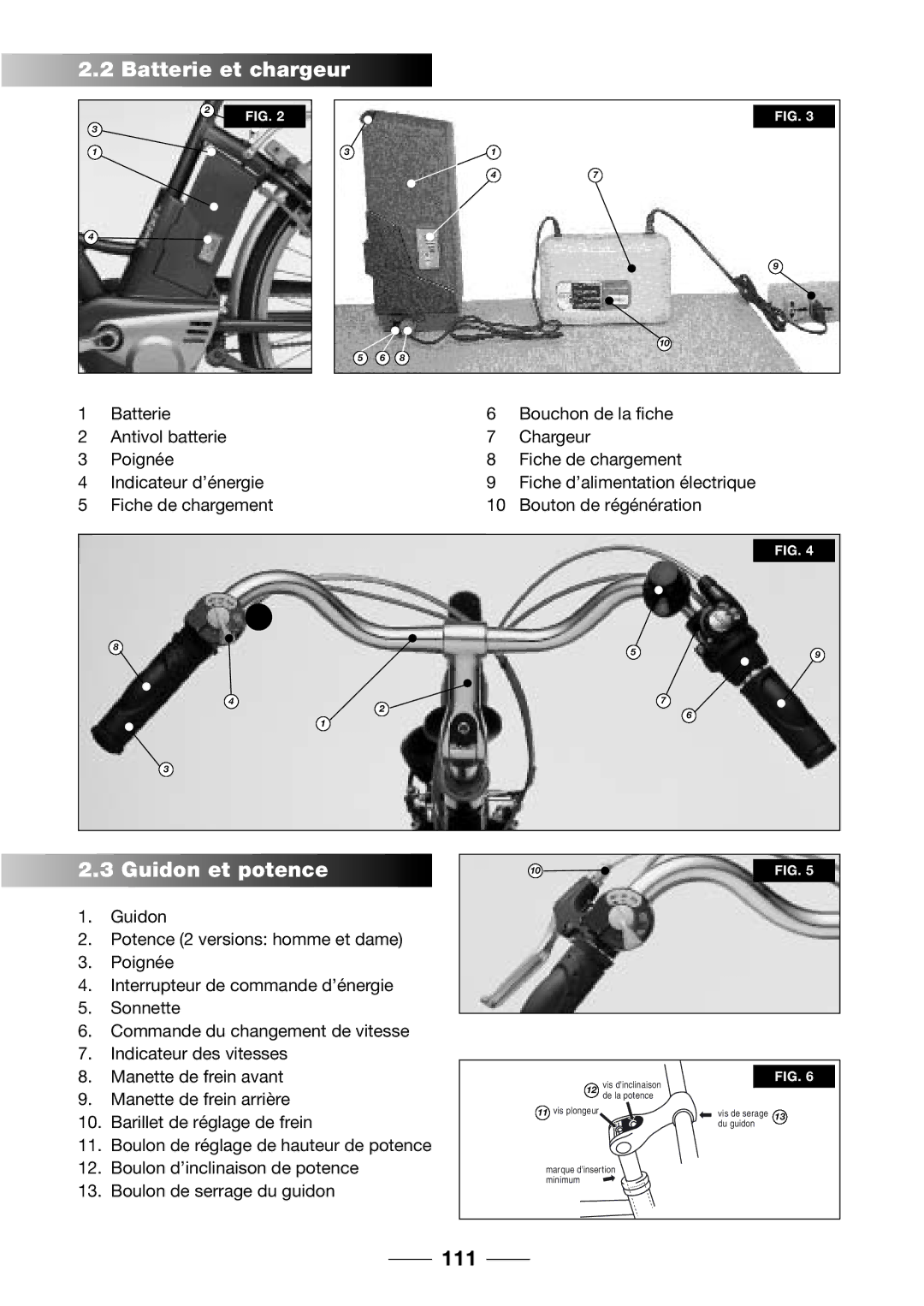 Giant 2002 Motorized Bicycle owner manual Batterie et chargeur, Guidon et potence, 111 