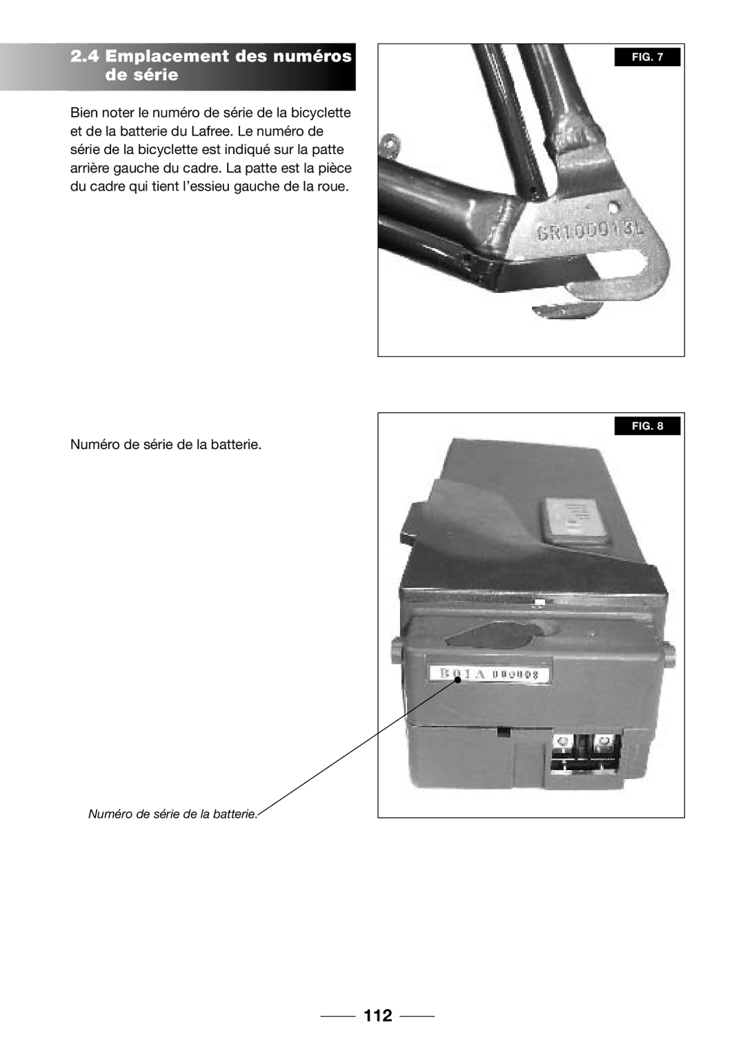 Giant 2002 Motorized Bicycle owner manual Emplacement des numéros de série, 112 