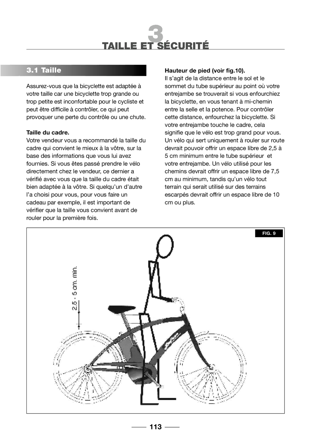 Giant 2002 Motorized Bicycle owner manual Taille ET Sécurité, 113, Taille du cadre, Hauteur de pied voir 