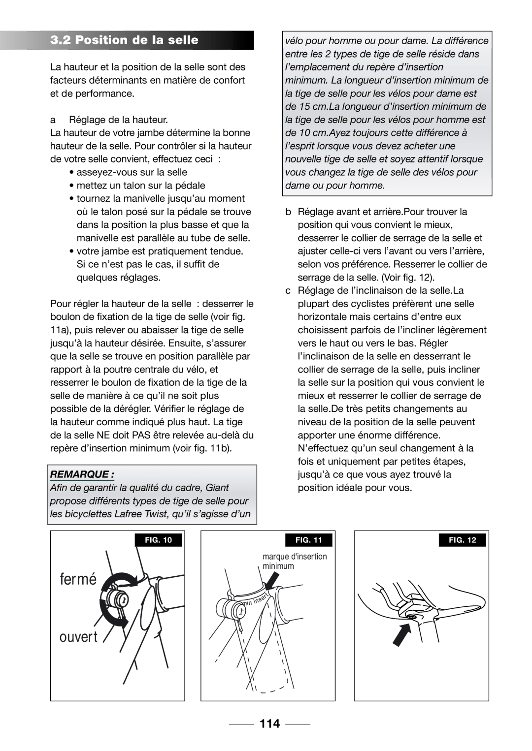 Giant 2002 Motorized Bicycle owner manual Position de la selle, 114 