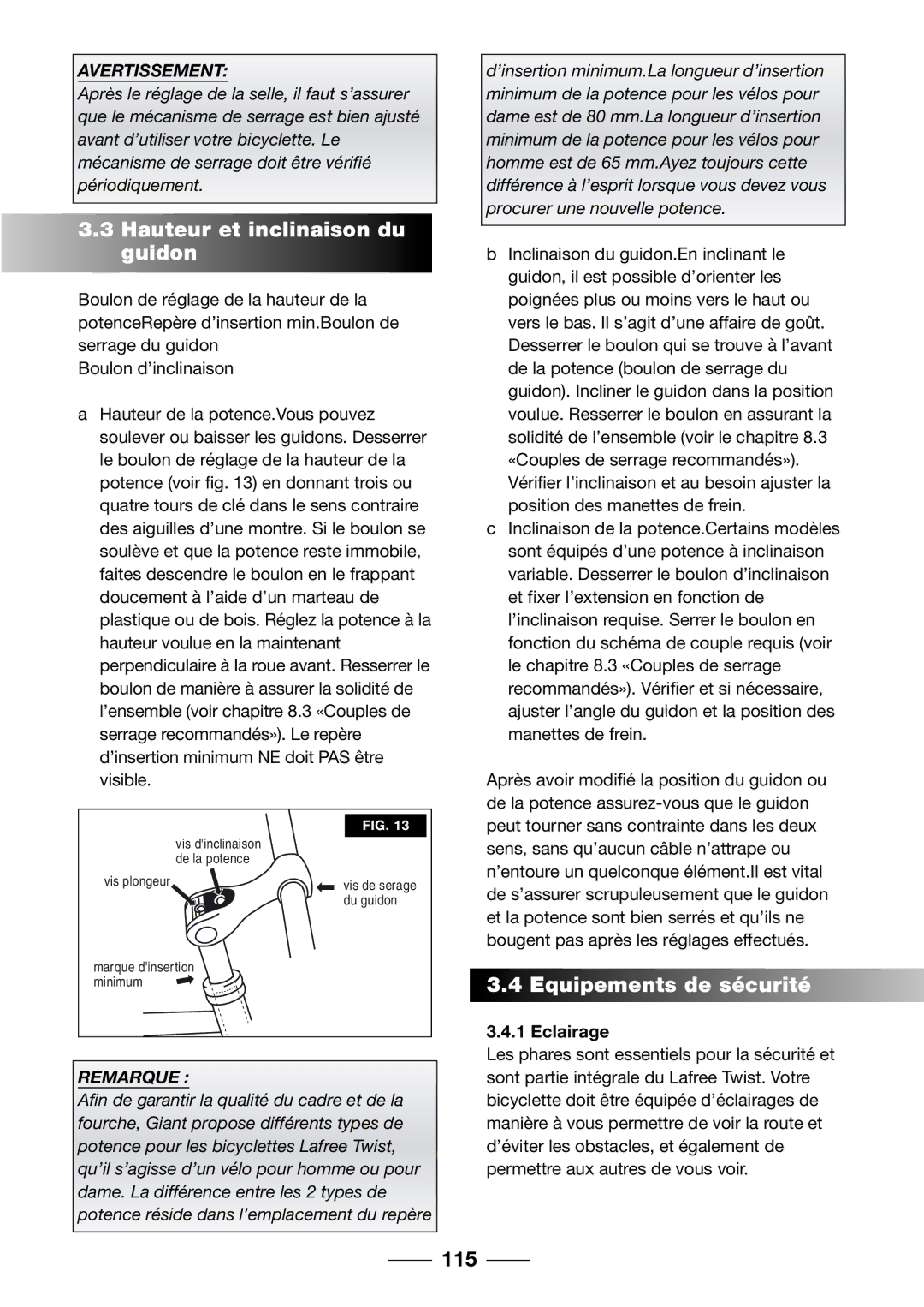 Giant 2002 Motorized Bicycle owner manual Hauteur et inclinaison du guidon, Equipements de sécurité, 115, Eclairage 