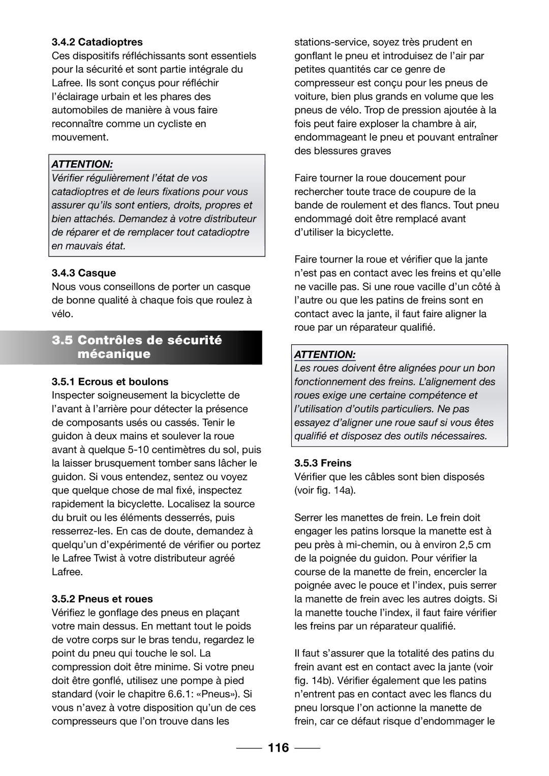 Giant 2002 Motorized Bicycle owner manual Contrôles de sécurité mécanique, 116 