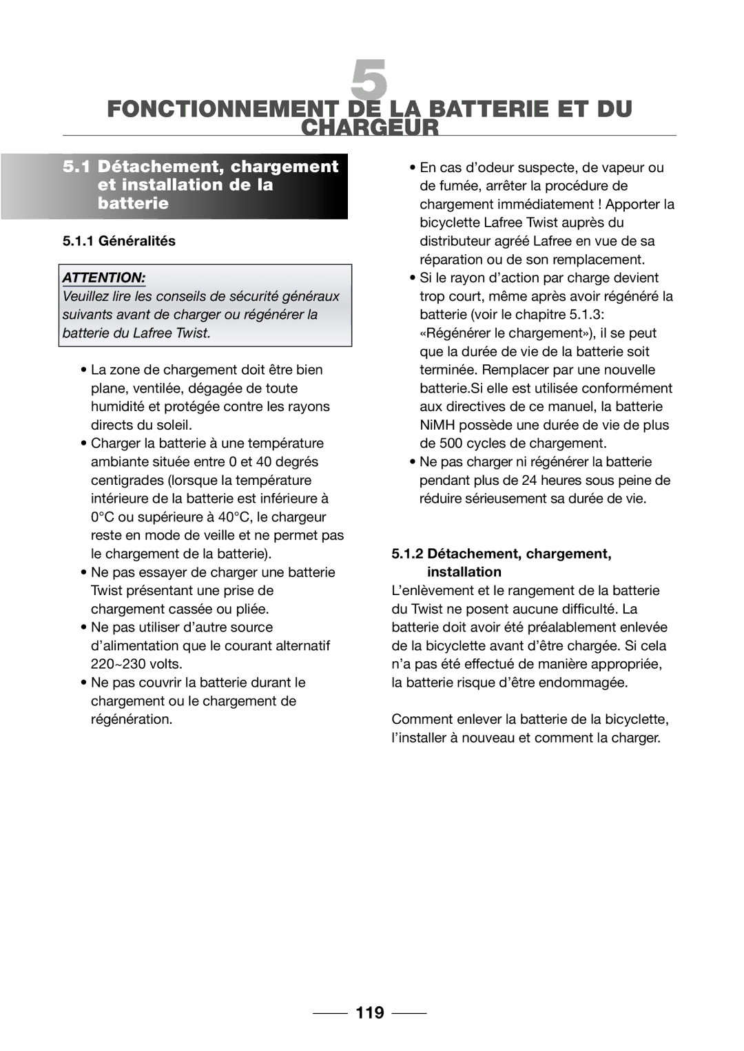 Giant 2002 Motorized Bicycle owner manual Fonctionnement DE LA Batterie ET DU Chargeur, 119, 1 Généralités 