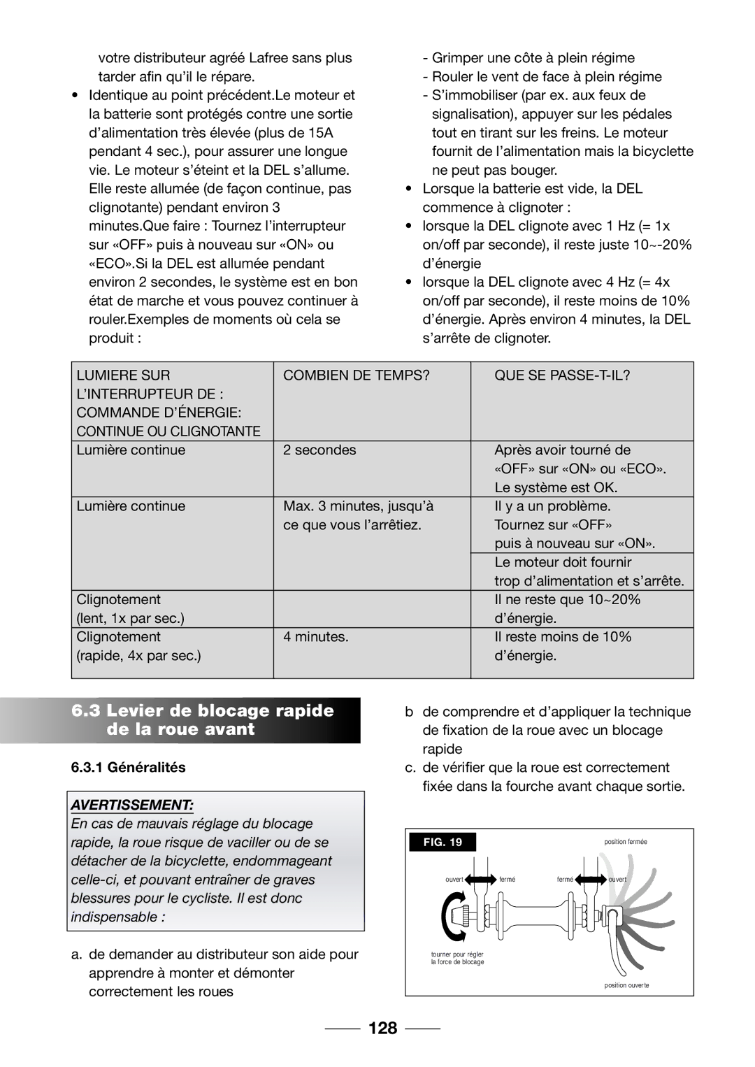 Giant 2002 Motorized Bicycle owner manual Levier de blocage rapide de la roue avant, 128 