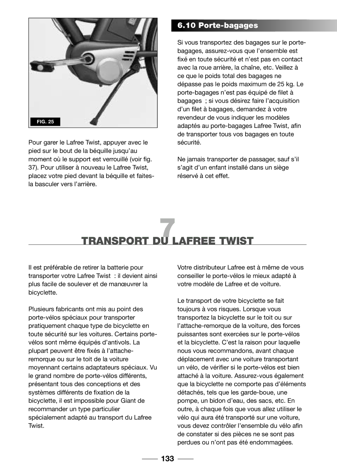 Giant 2002 Motorized Bicycle owner manual Transport DU Lafree Twist, Porte bagages, 133 