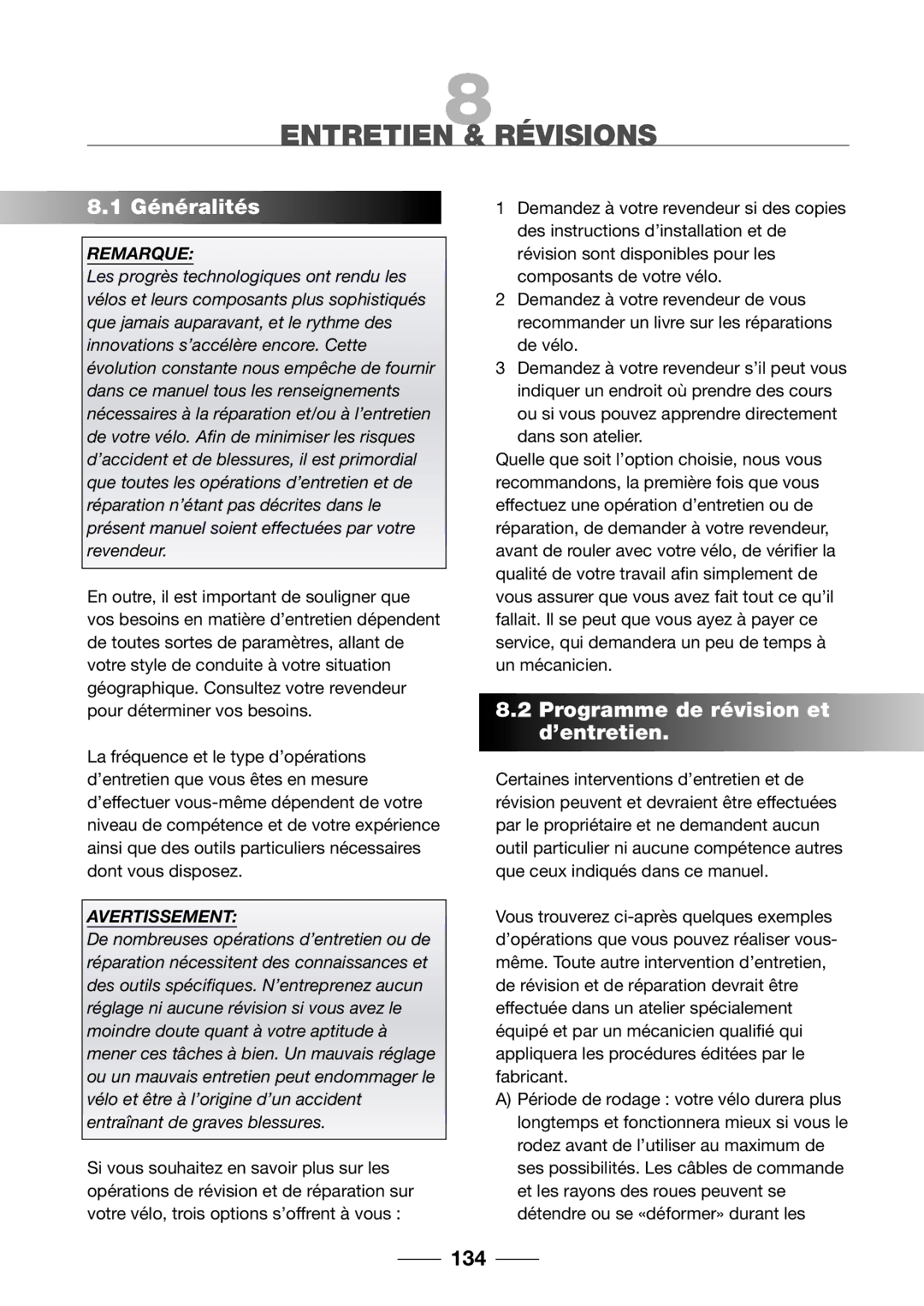 Giant 2002 Motorized Bicycle owner manual Entretien & Révisions, Programme de révision et d’entretien, 134 