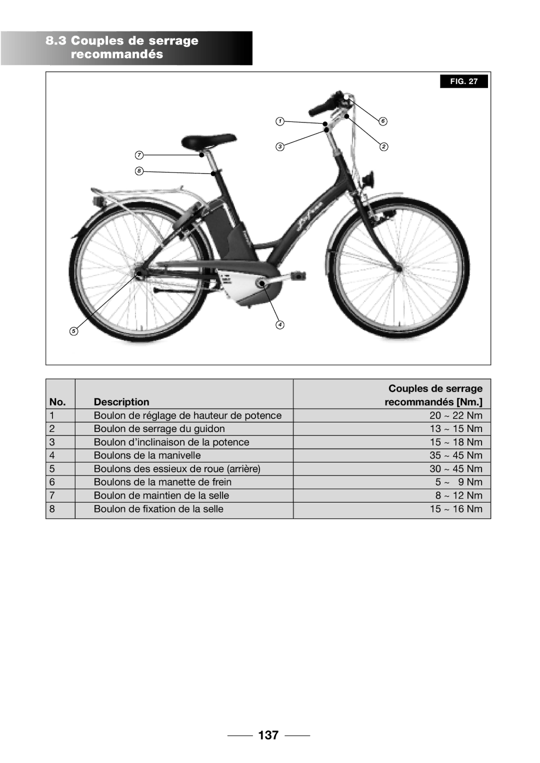 Giant 2002 Motorized Bicycle owner manual Couples de serrage recommandés, 137, Description Recommandés Nm 