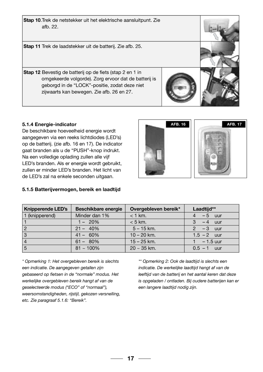 Giant 2002 Motorized Bicycle owner manual Energie-indicator, Batterijvermogen, bereik en laadtijd 