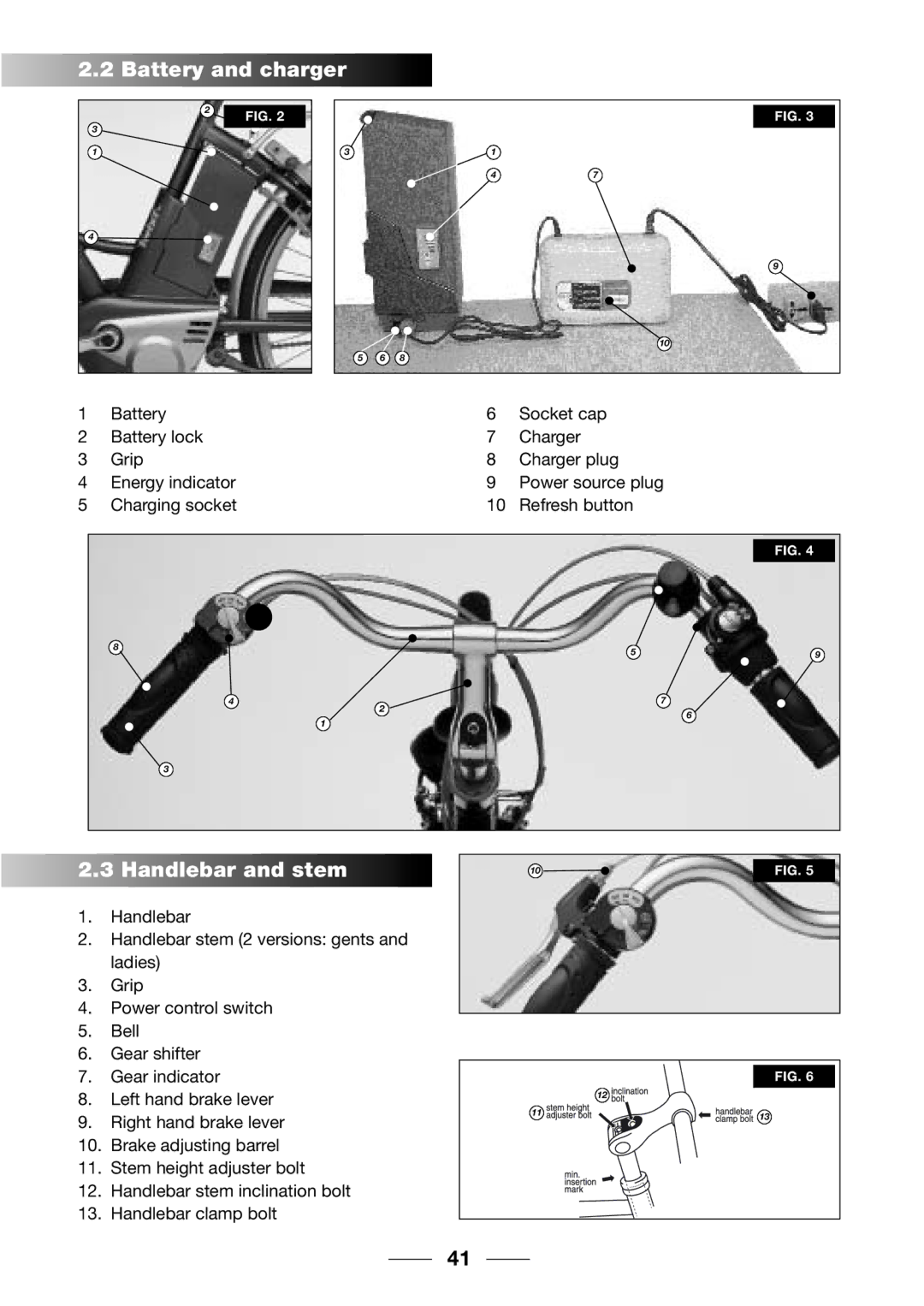 Giant 2002 Motorized Bicycle owner manual Battery and charger, Handlebar and stem 