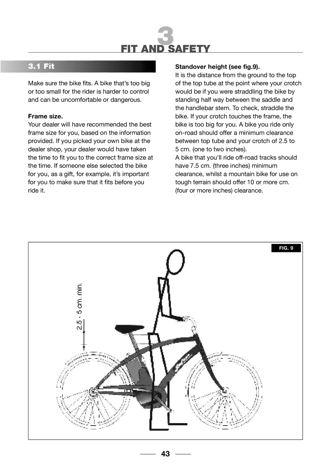 Giant 2002 Motorized Bicycle owner manual FIT and Safety, Fit, Frame size, Standover height see 