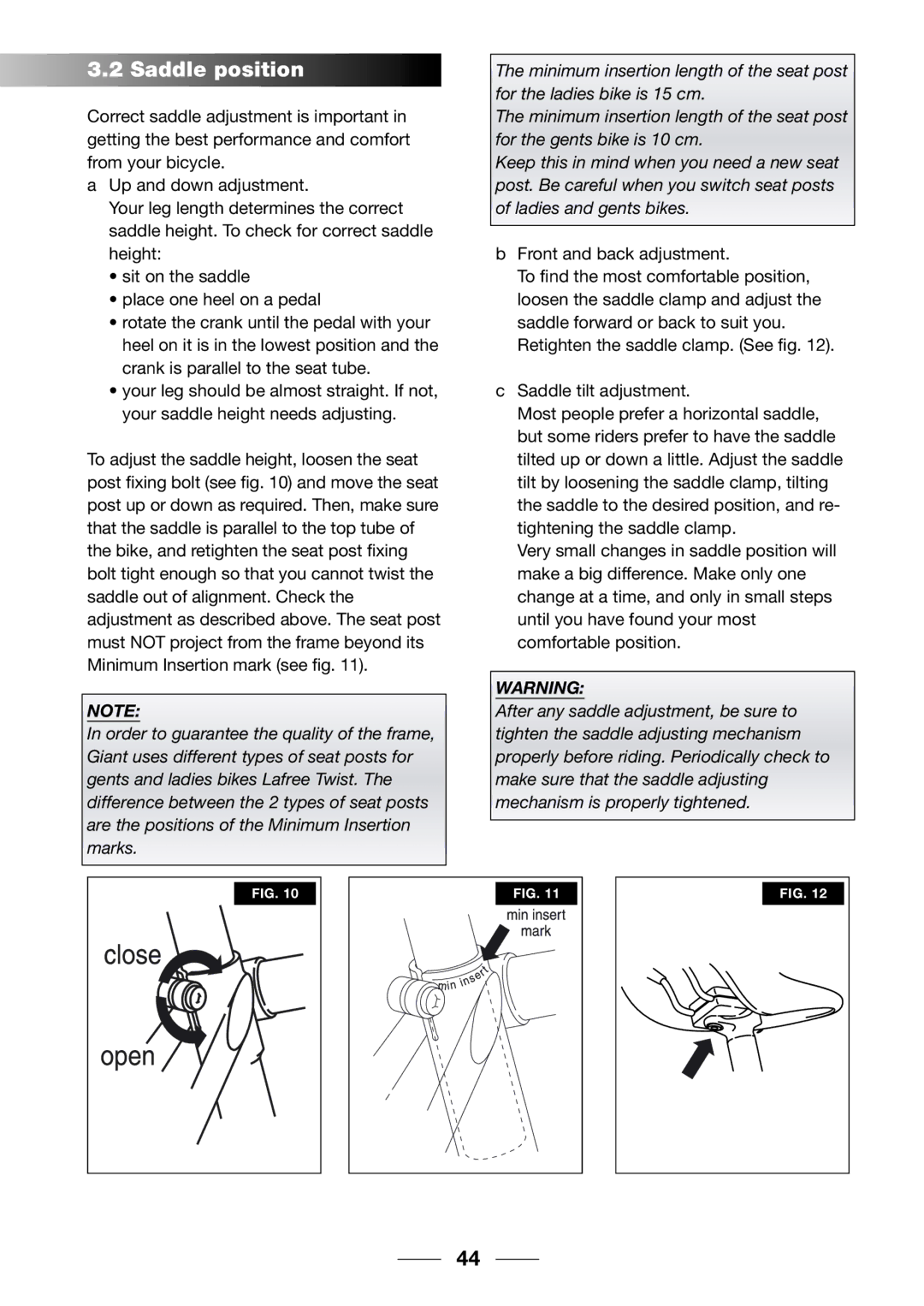 Giant 2002 Motorized Bicycle owner manual Saddle position 