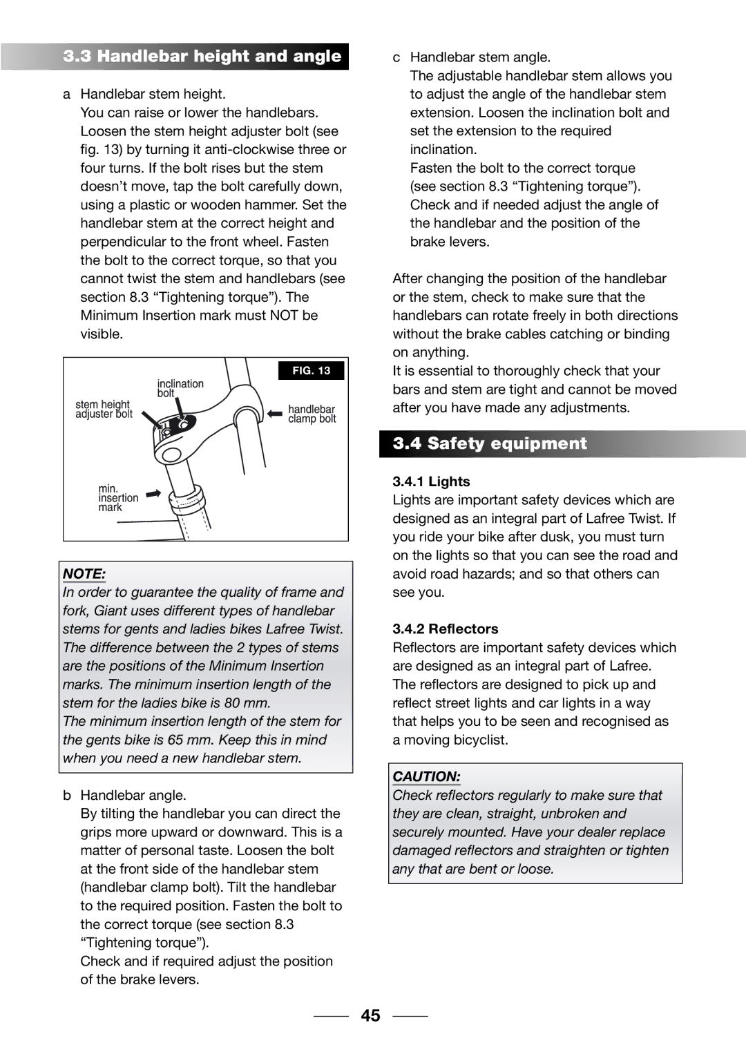 Giant 2002 Motorized Bicycle owner manual Handlebar height and angle, Safety equipment, Lights, Reflectors 