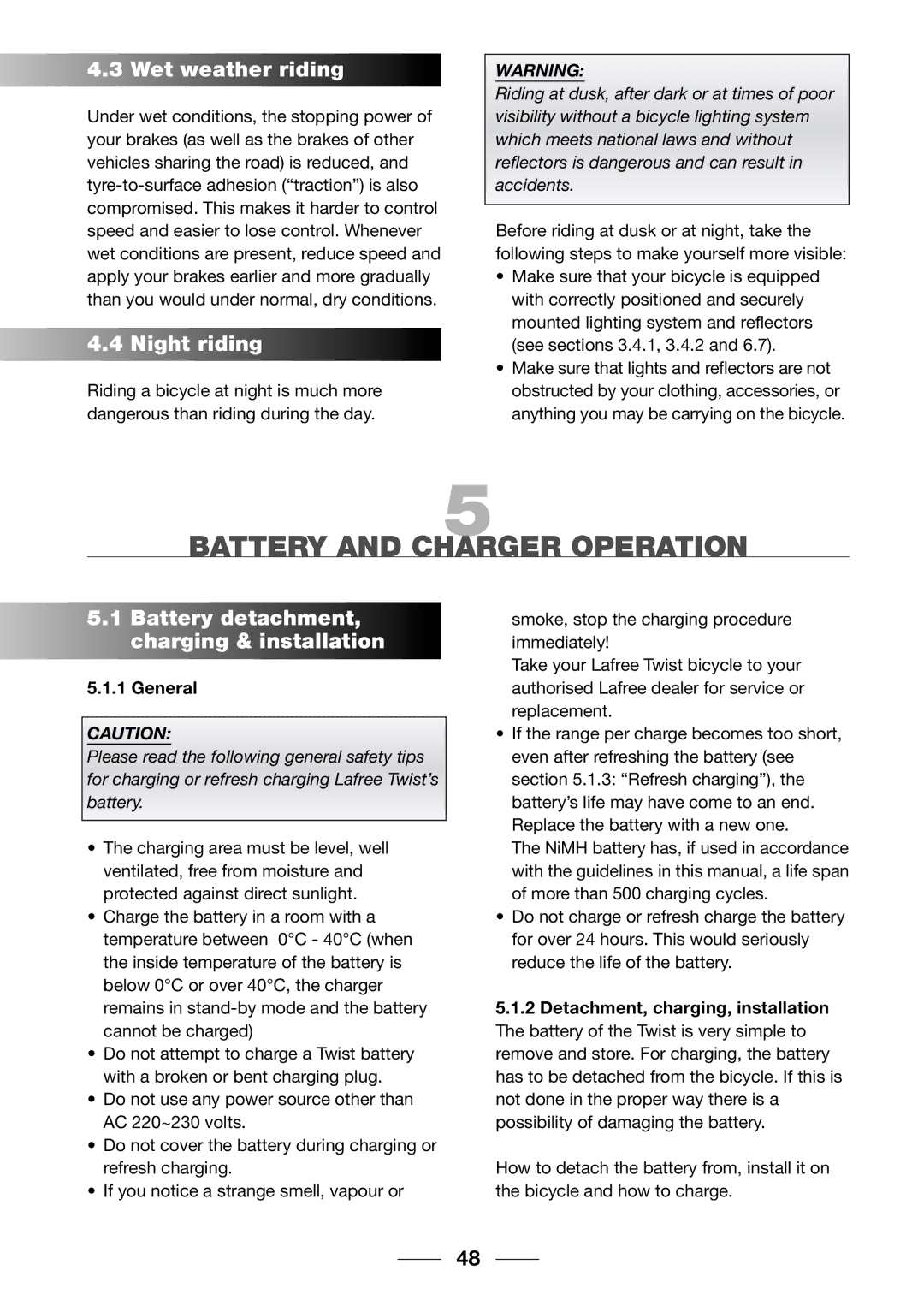 Giant 2002 Motorized Bicycle owner manual Battery and Charger Operation, Wet weather riding, Night riding, General 