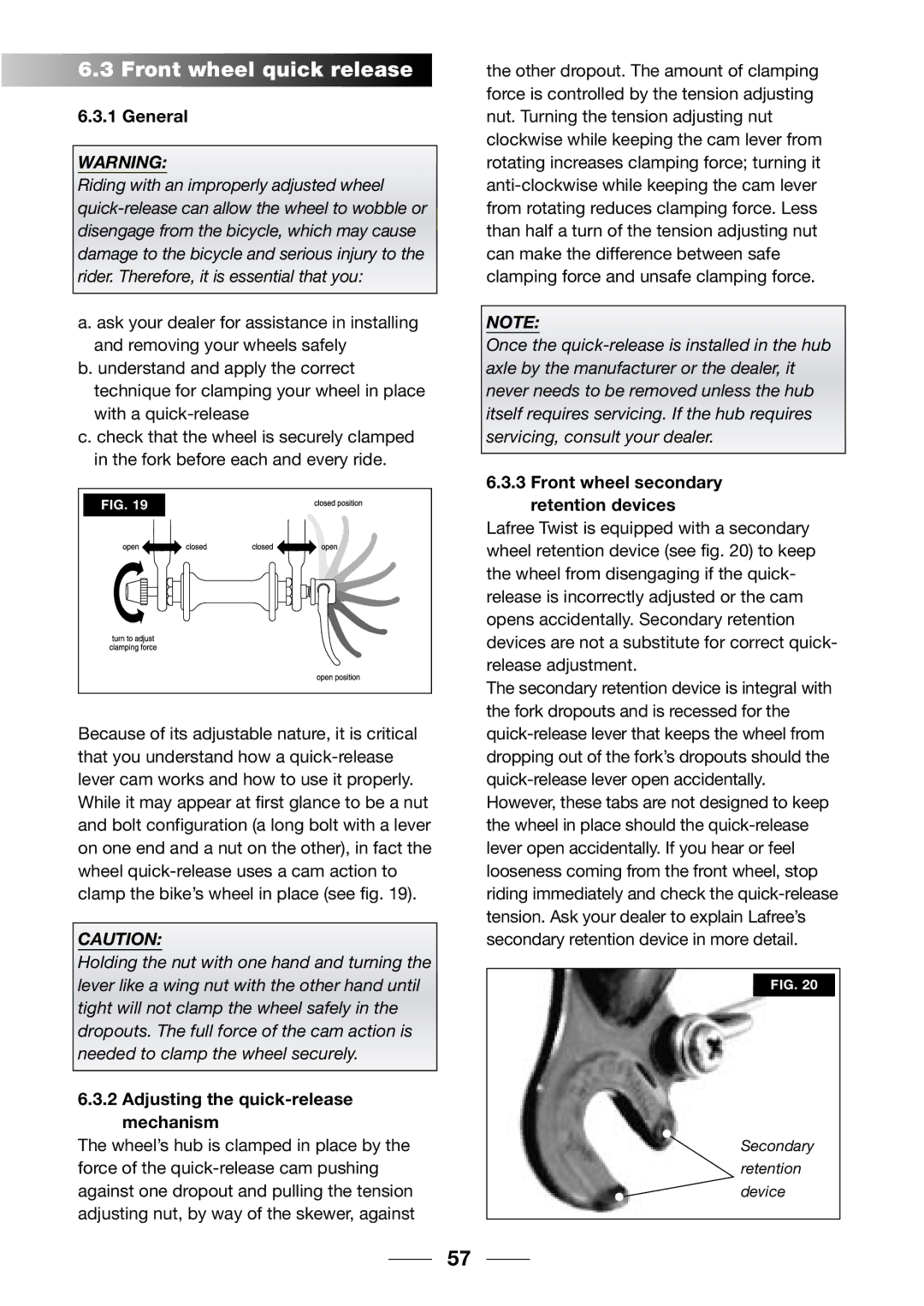 Giant 2002 Motorized Bicycle owner manual Front wheel quick release, Adjusting the quick-release mechanism 