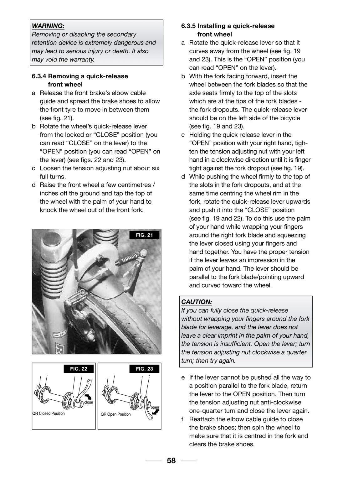 Giant 2002 Motorized Bicycle owner manual Removing a quick-release front wheel, Installing a quick-release front wheel 