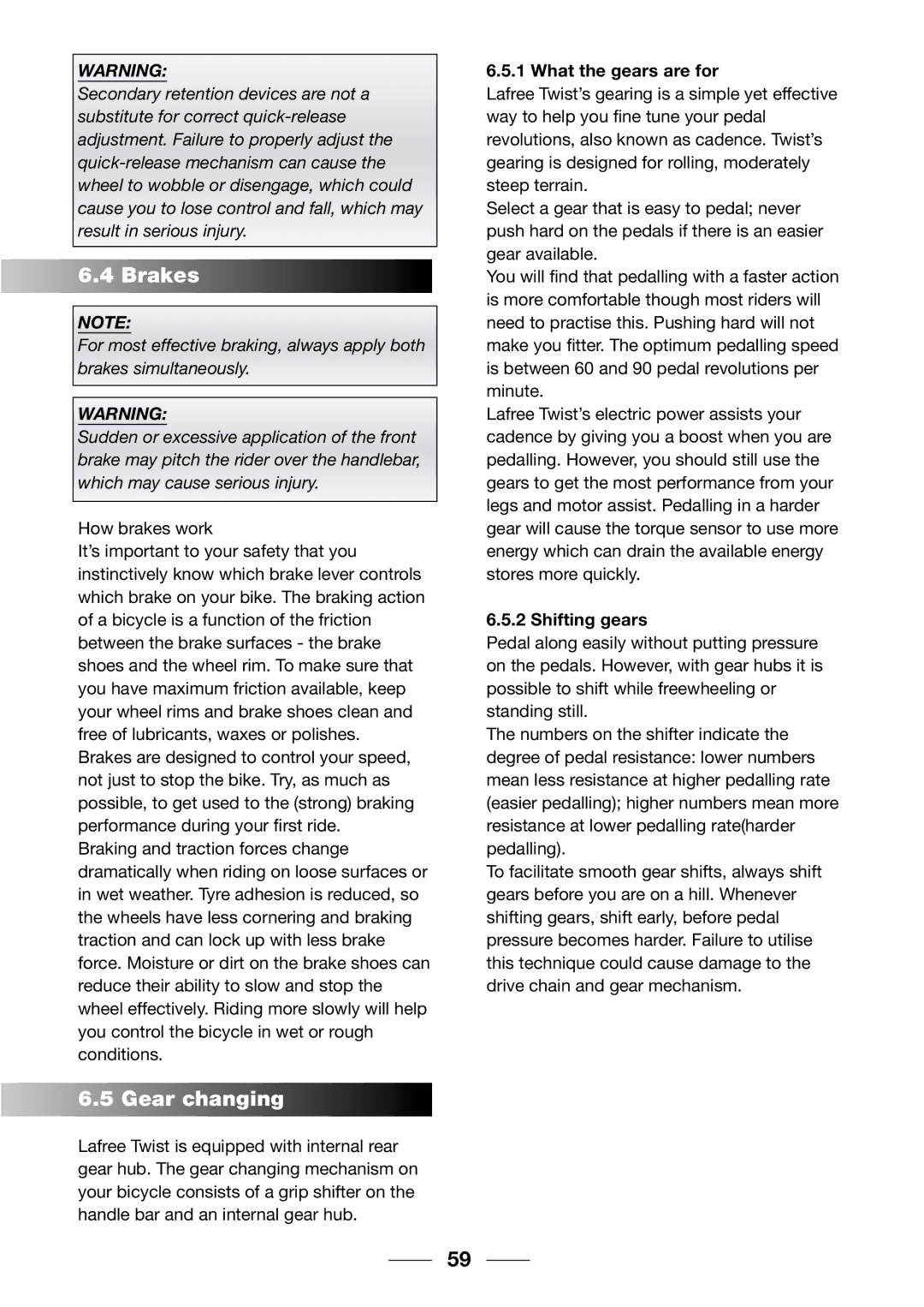 Giant 2002 Motorized Bicycle owner manual Brakes, Gear changing, What the gears are for, Shifting gears 