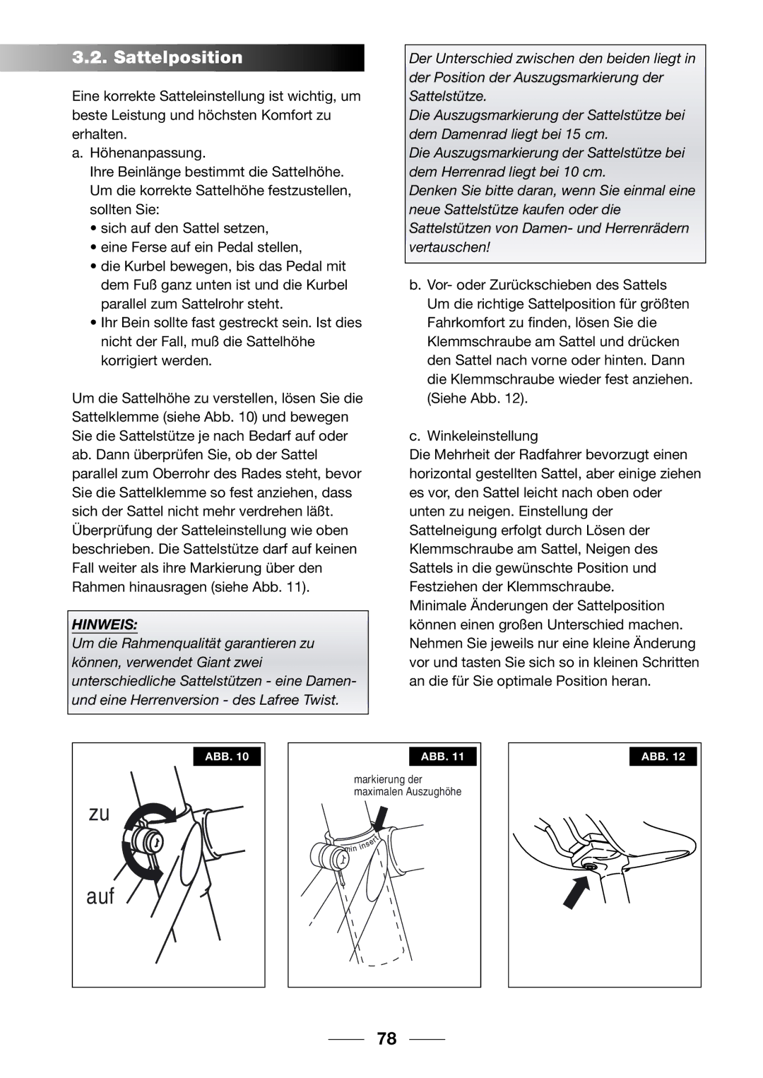 Giant 2002 Motorized Bicycle owner manual Sattelposition, Hinweis 