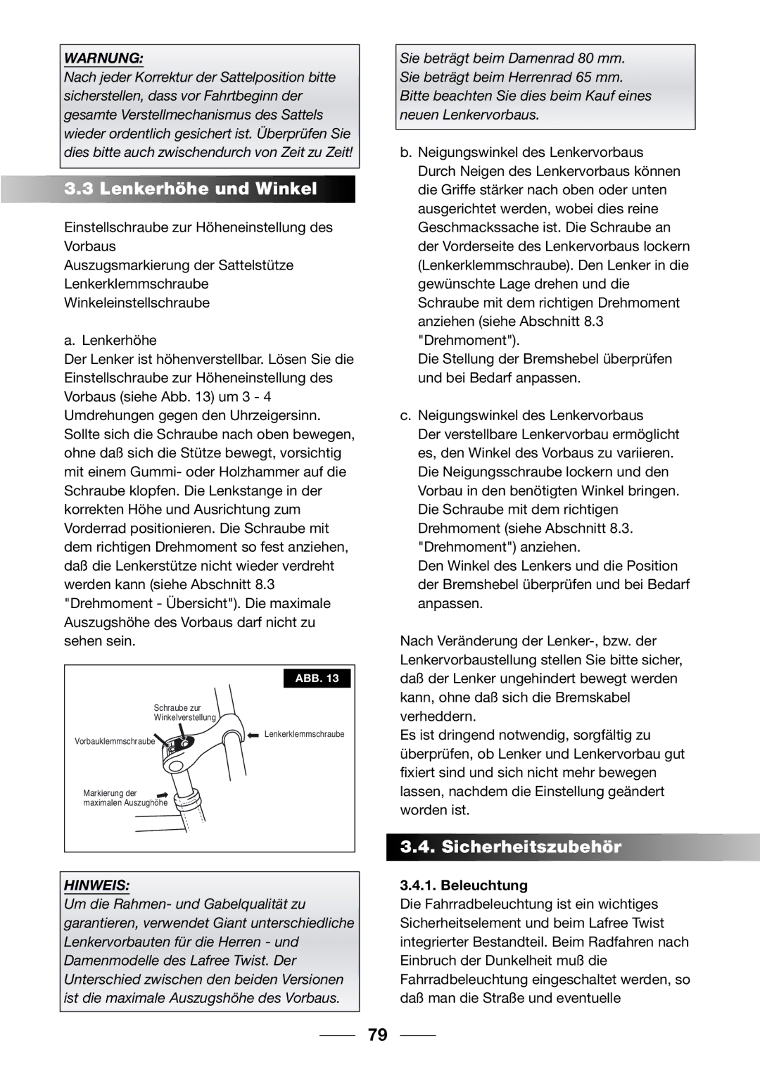 Giant 2002 Motorized Bicycle owner manual Lenkerhöhe und Winkel, Sicherheitszubehör, Beleuchtung 