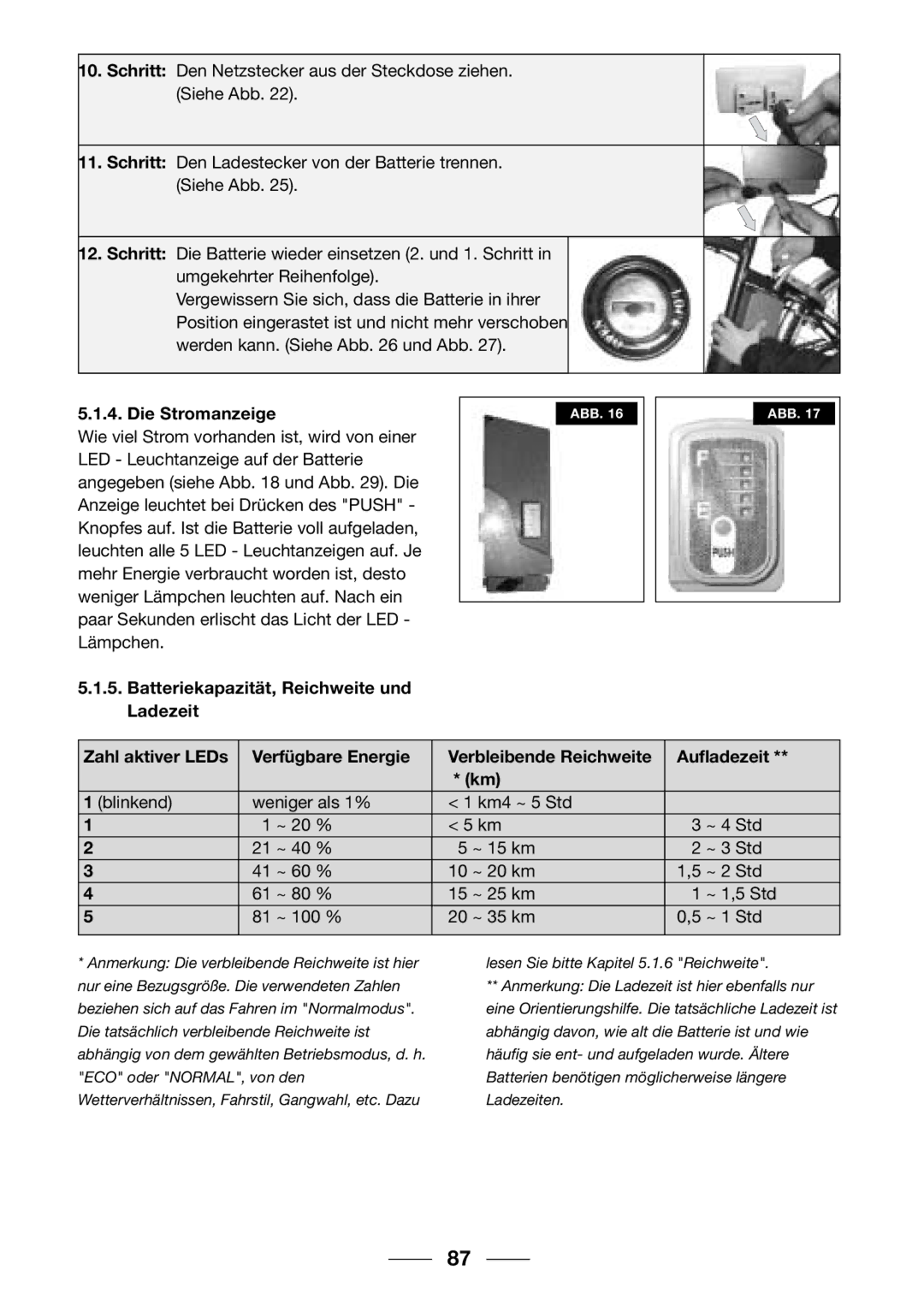 Giant 2002 Motorized Bicycle owner manual Die Stromanzeige, Batteriekapazität, Reichweite und Ladezeit 