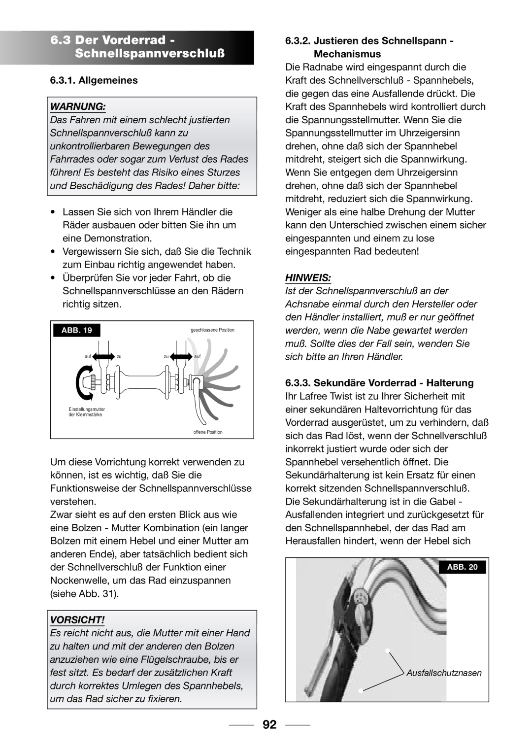 Giant 2002 Motorized Bicycle owner manual Der Vorderrad Schnellspannverschluß, Justieren des Schnellspann Mechanismus 