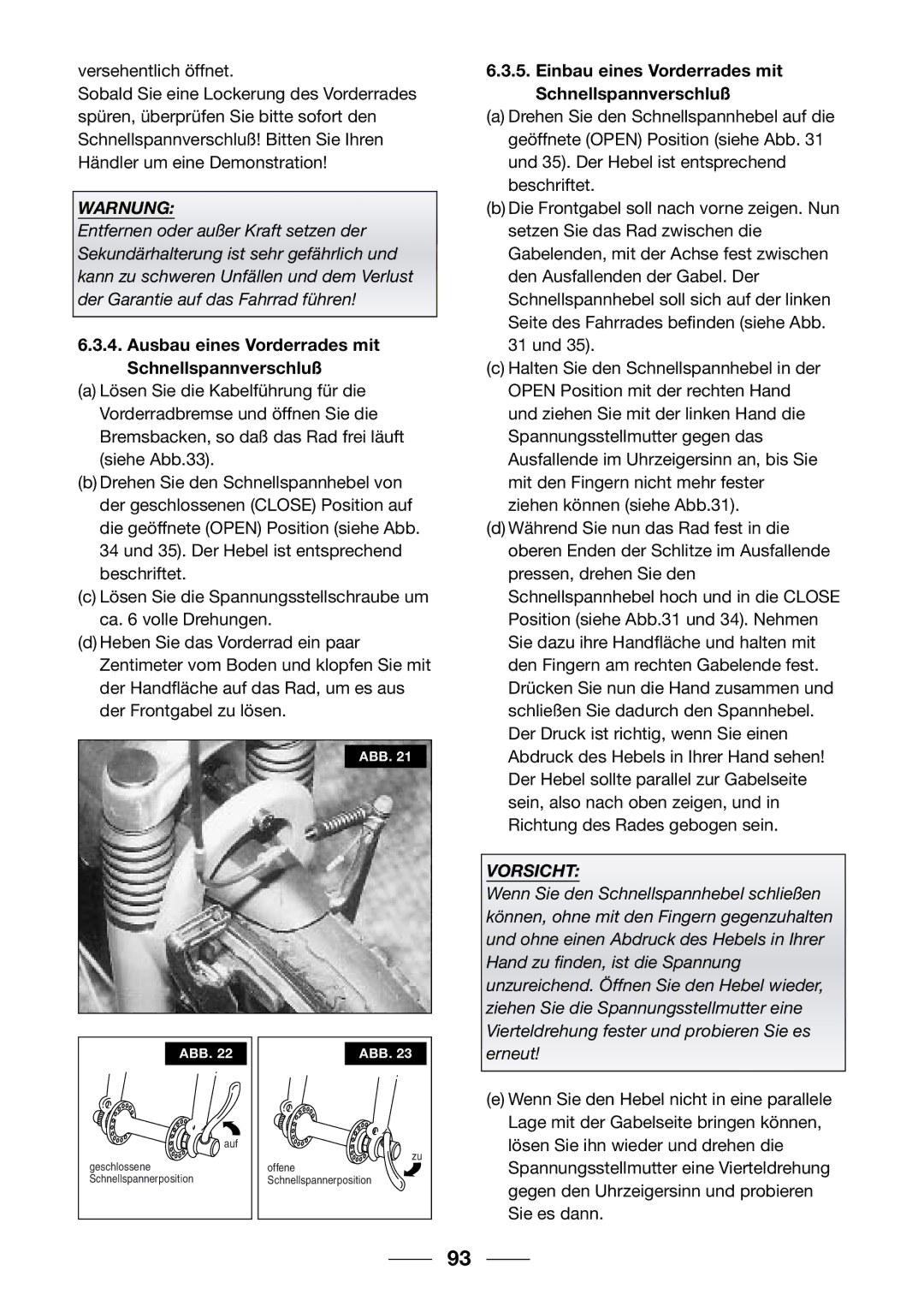 Giant 2002 Motorized Bicycle owner manual Ausbau eines Vorderrades mit Schnellspannverschluß 