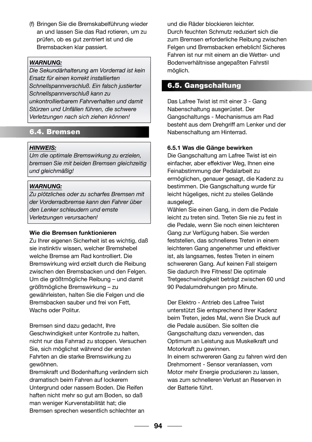 Giant 2002 Motorized Bicycle owner manual Gangschaltung, Wie die Bremsen funktionieren, Was die Gänge bewirken 