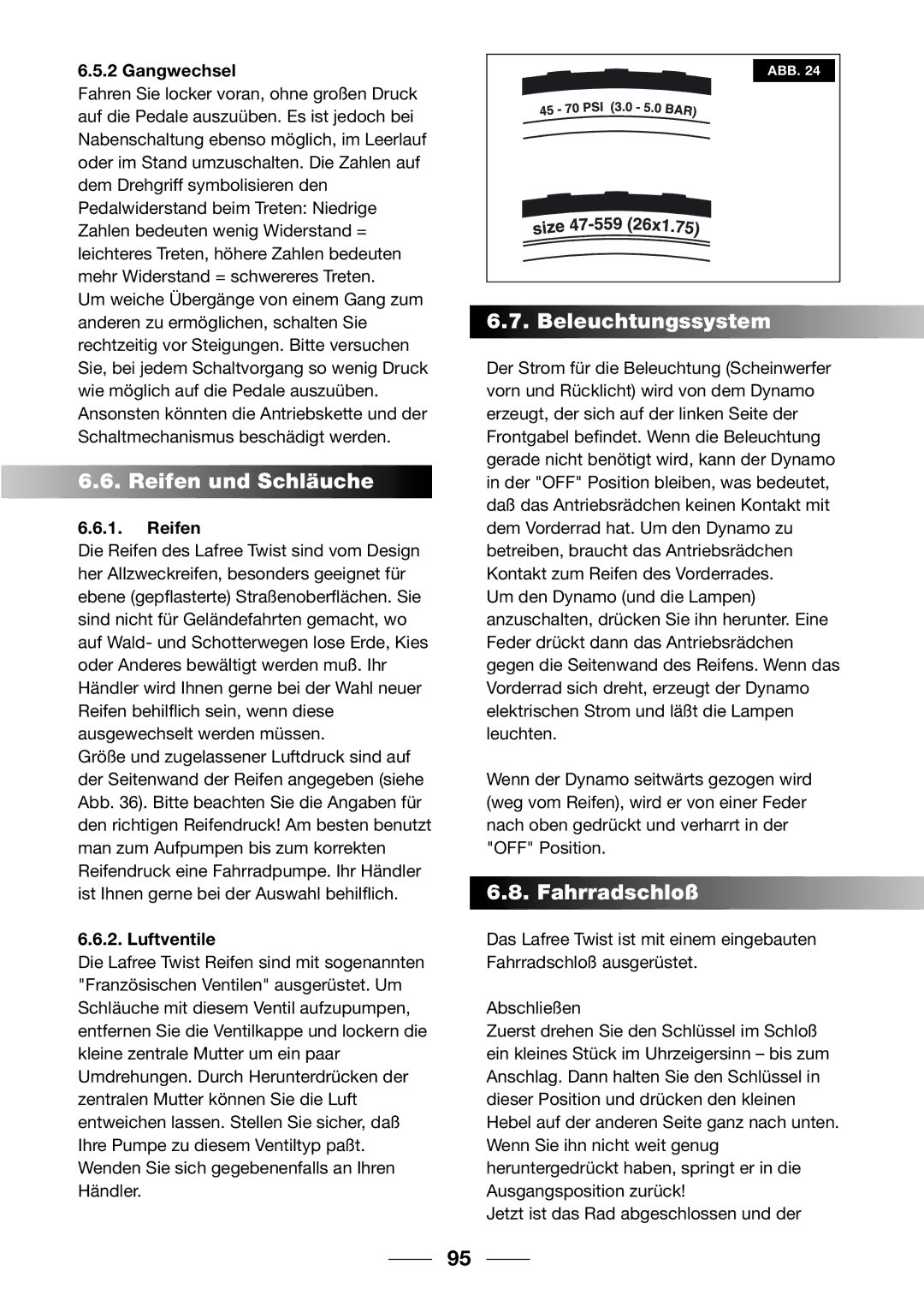 Giant 2002 Motorized Bicycle owner manual Reifen und Schläuche, Beleuchtungssystem, Fahrradschloß 