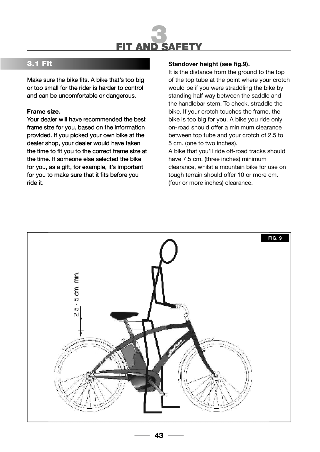 Giant 2002 Motorized Bicycle owner manual Fit And Safety, 3.1Fit, Frame size, Standover height see 