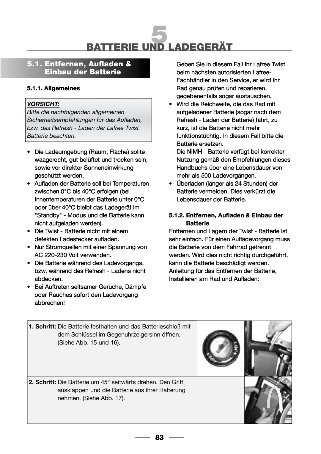 Giant 2002 Motorized Bicycle Batterie Und Ladegerät, Entfernen, Aufladen & Einbau der Batterie, Allgemeines, Vorsicht 