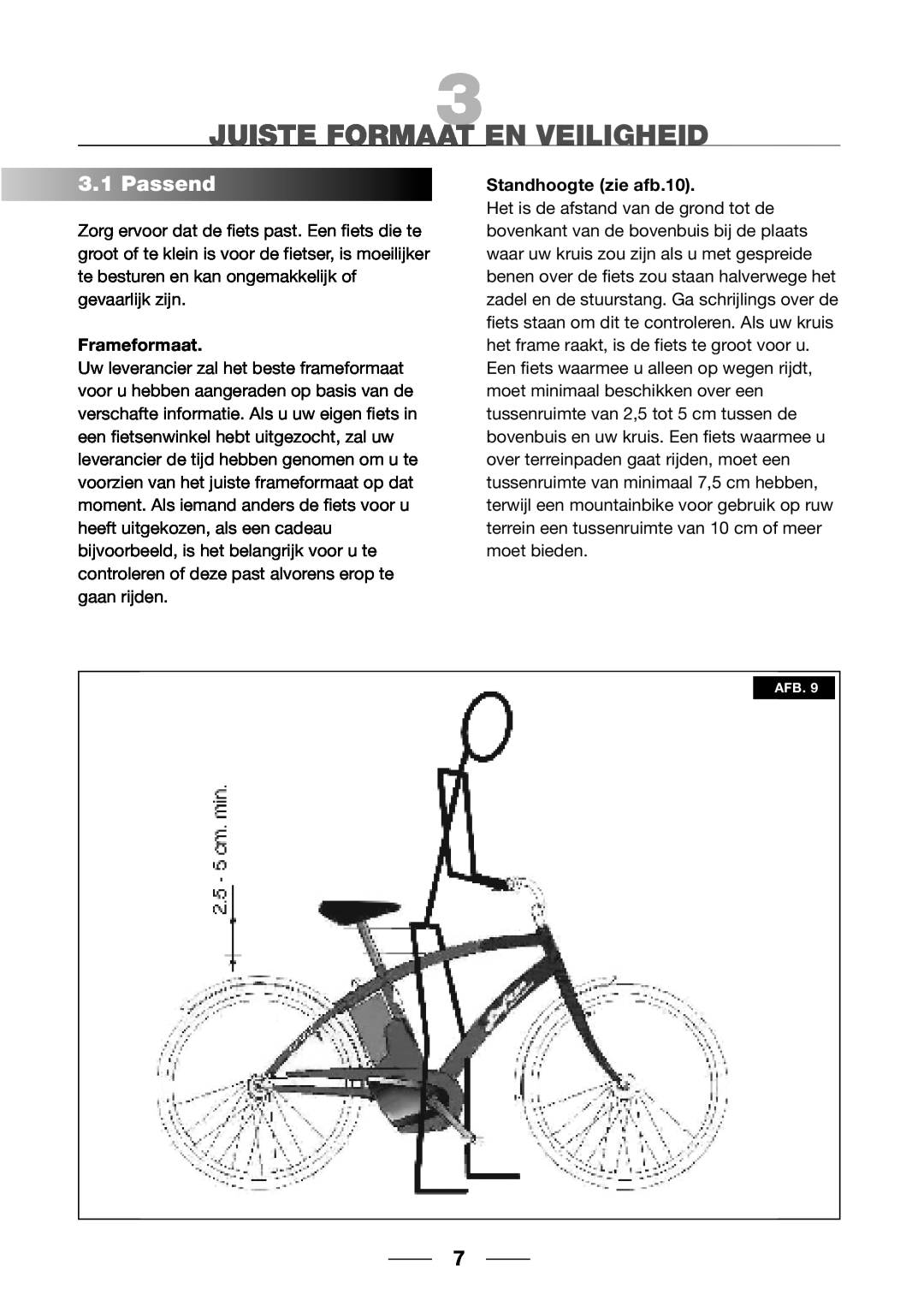Giant 2002 Motorized Bicycle owner manual Juiste Formaat En Veiligheid, 3.1Passend, Frameformaat, Standhoogte zie afb.10 
