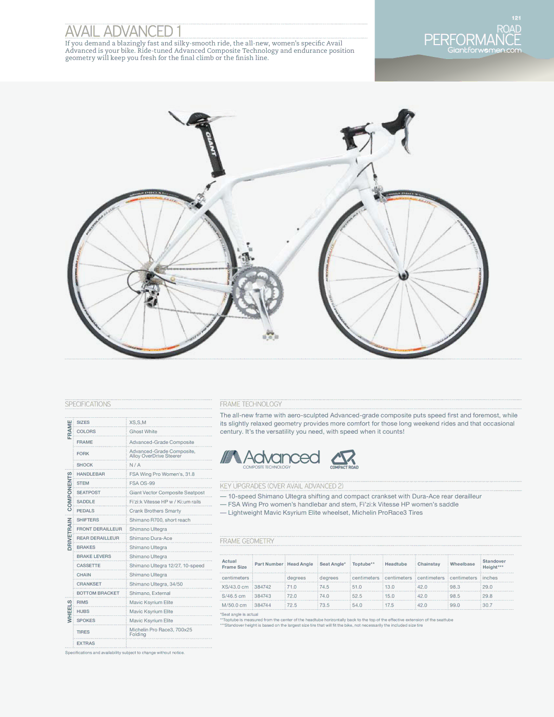 Giant AVAIL ADVANCED 1 specifications Avail Advanced, Performance