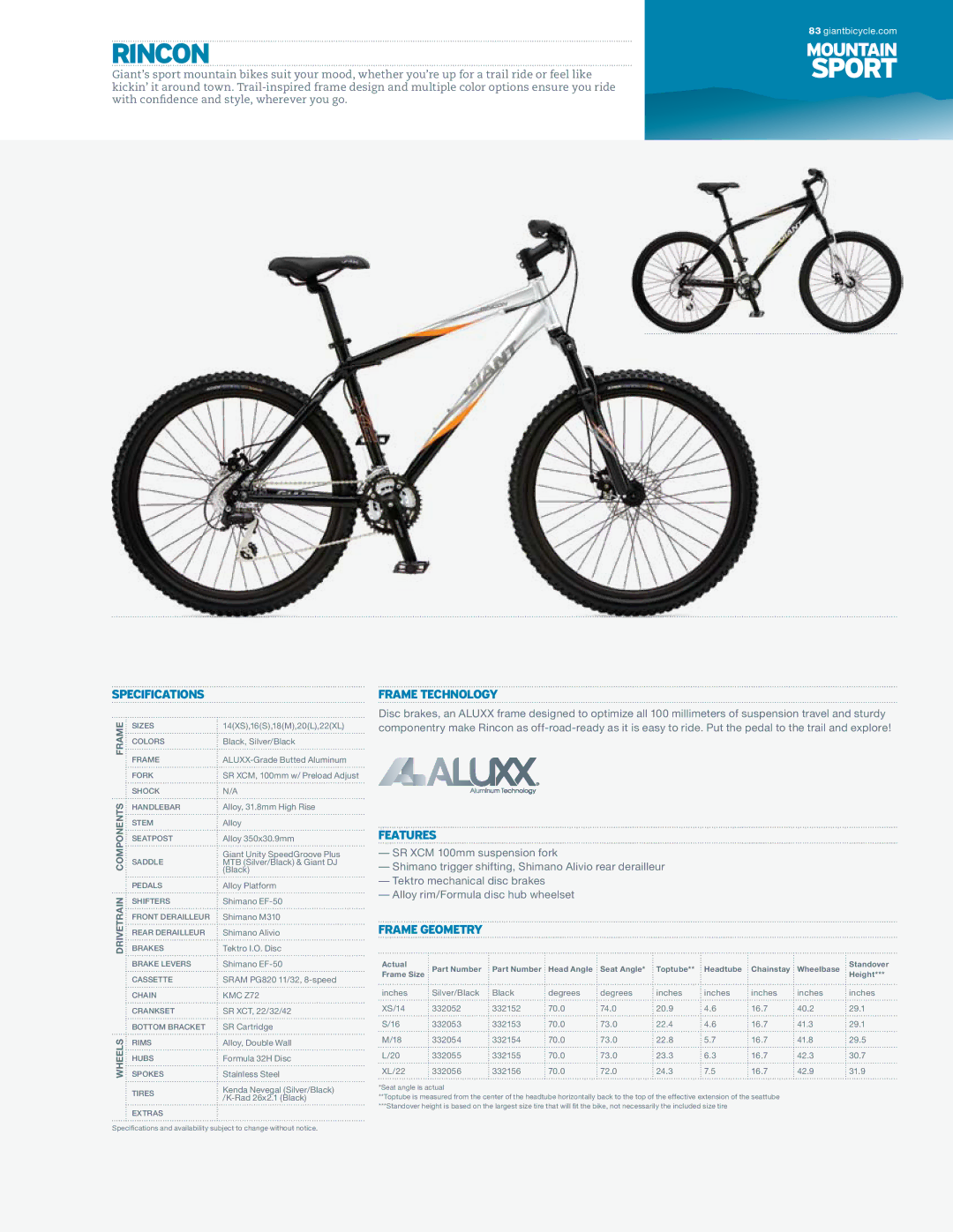 Giant Bicyle specifications Rincon, Sport 