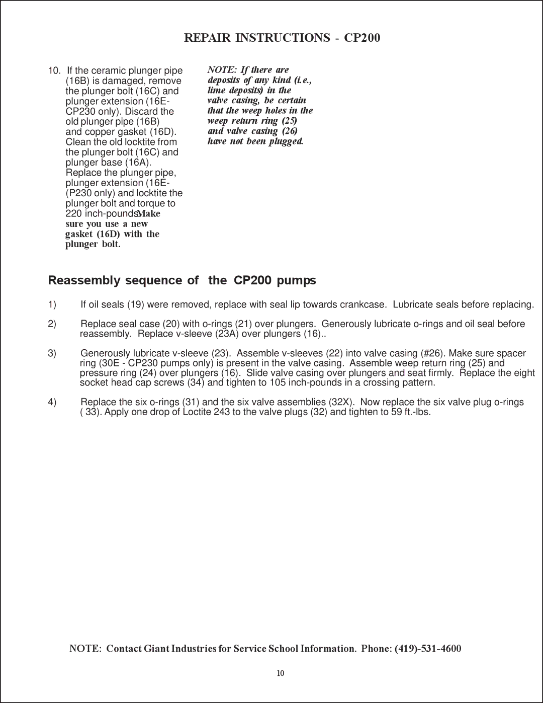 Giant CP230, CP218, CP220 service manual Repair Instructions CP200, Reassembly sequence of the CP200 pumps 