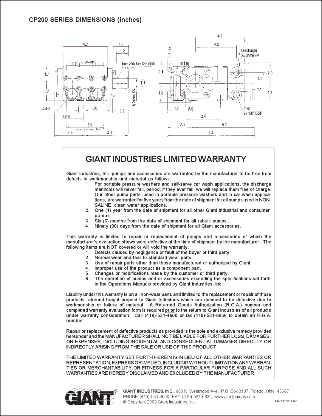 Giant CP200, CP218, CP230, CP220 service manual Giant Industries Limited Warranty 