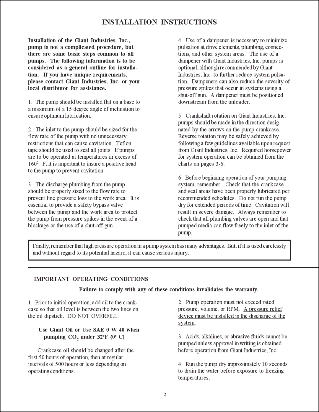 Giant CP230, CP200, CP218, CP220 service manual Installation Instructions, Important Operating Conditions 