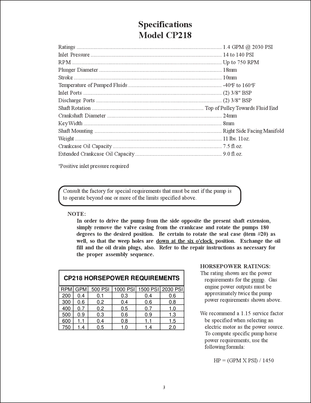 Giant CP220, CP200, CP230 service manual Specifications, Model CP218, CP218 Horsepower Requirements 