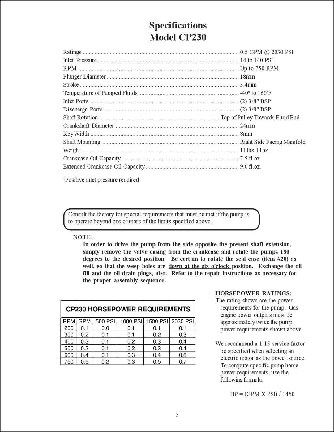 Giant CP218, CP200, CP220 service manual Model CP230, CP230 Horsepower Requirements 