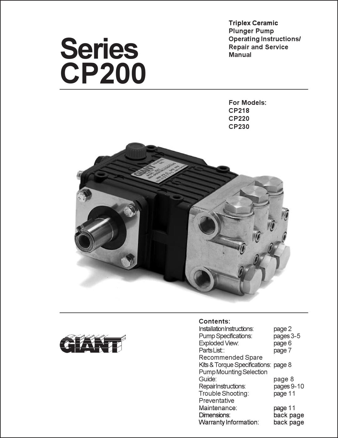 Giant CP218, CP200 service manual Triplex Ceramic Plunger Pump Operating Instructions, Repair and Service Manual, Contents 