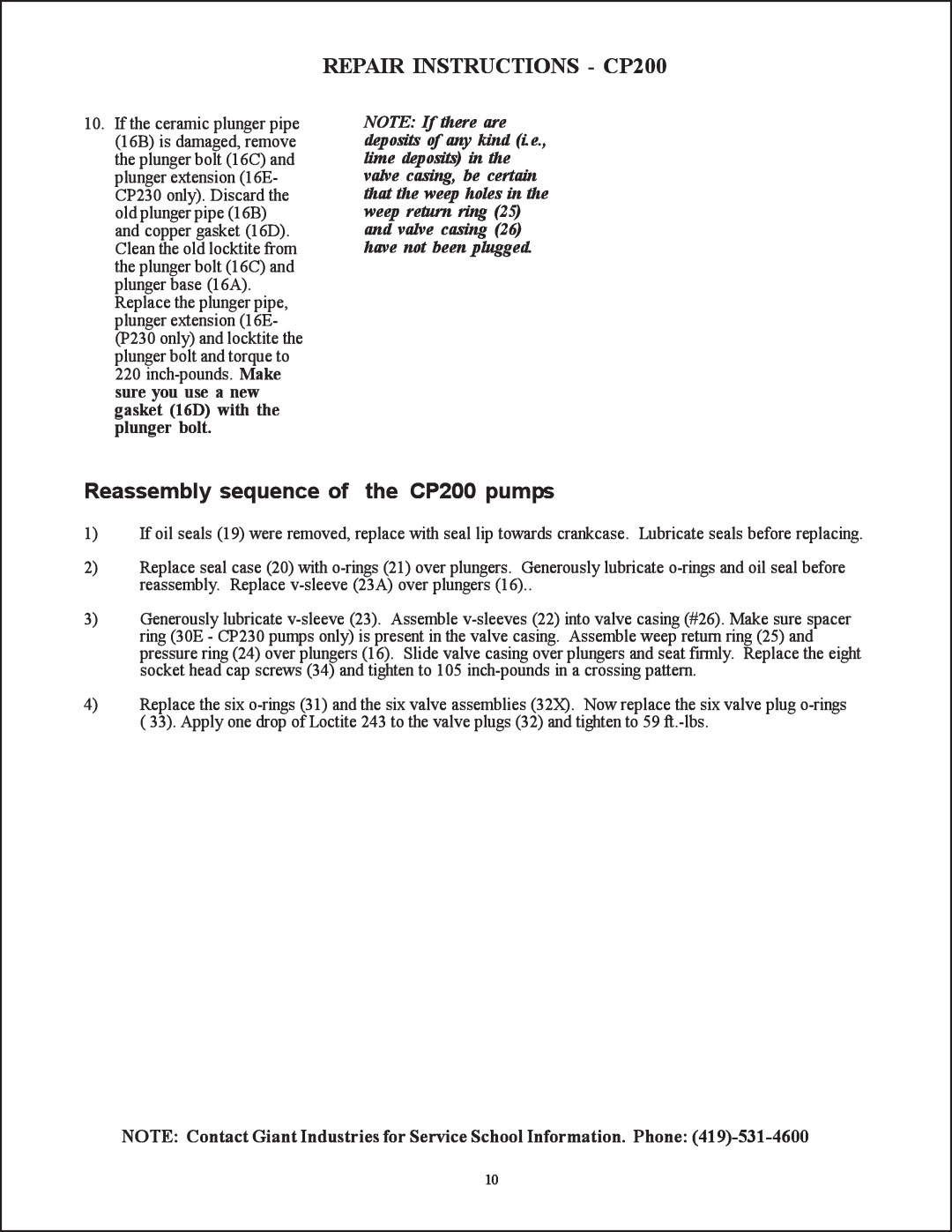 Giant CP230, CP218, CP220 service manual REPAIR INSTRUCTIONS - CP200, Reassembly sequence of the CP200 pumps 