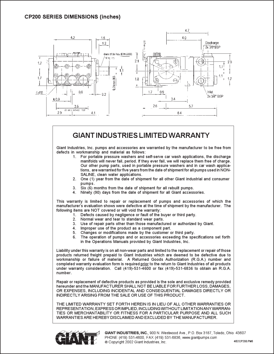 Giant CP218, CP230, CP220 service manual Giant Industries Limited Warranty, CP200 SERIES DIMENSIONS inches 