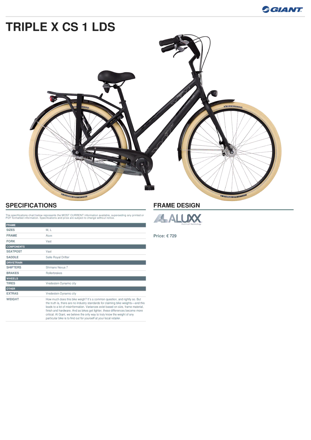 Giant specifications Triple X CS 1 LDS, Specifications Frame Design, Price € 