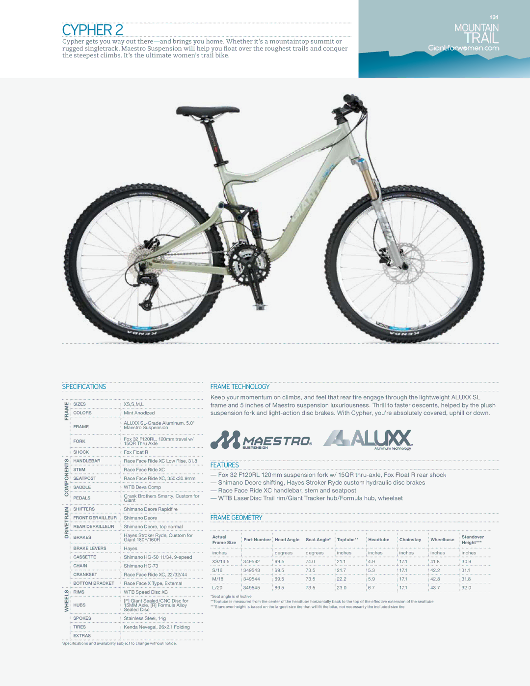 Giant CYPHER 2 specifications Cypher, Trail 