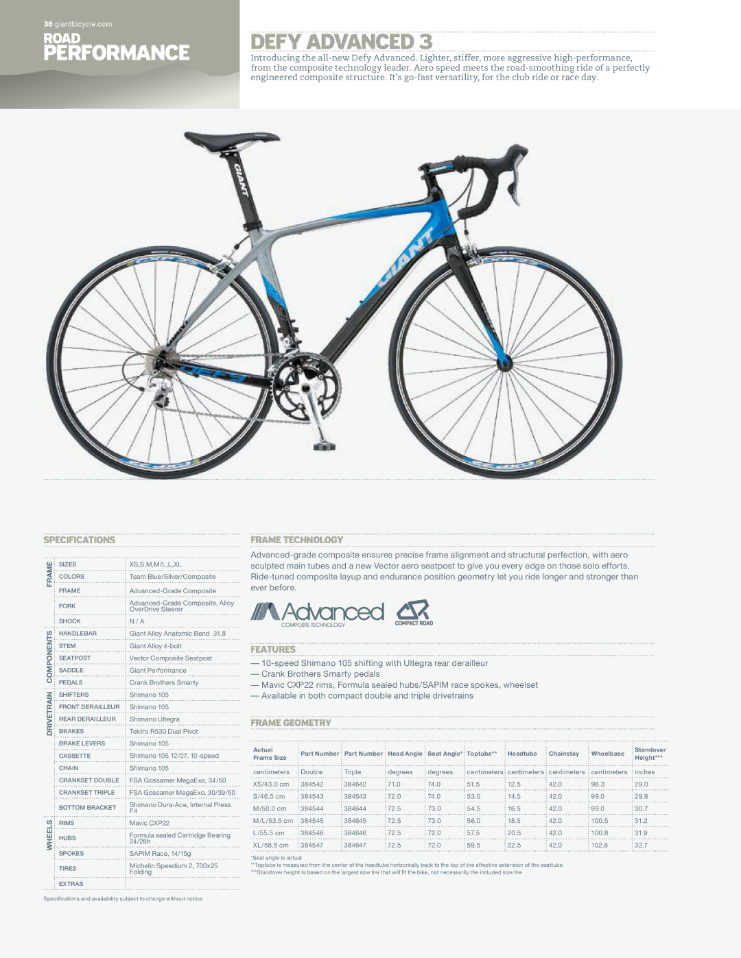 Giant Defy Advanced 3 specifications Performance 