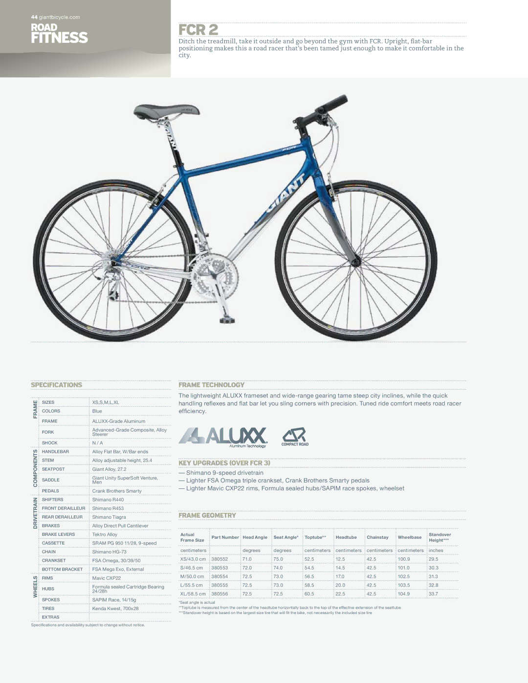 Giant FCR 2 specifications Fitness, Fcr 