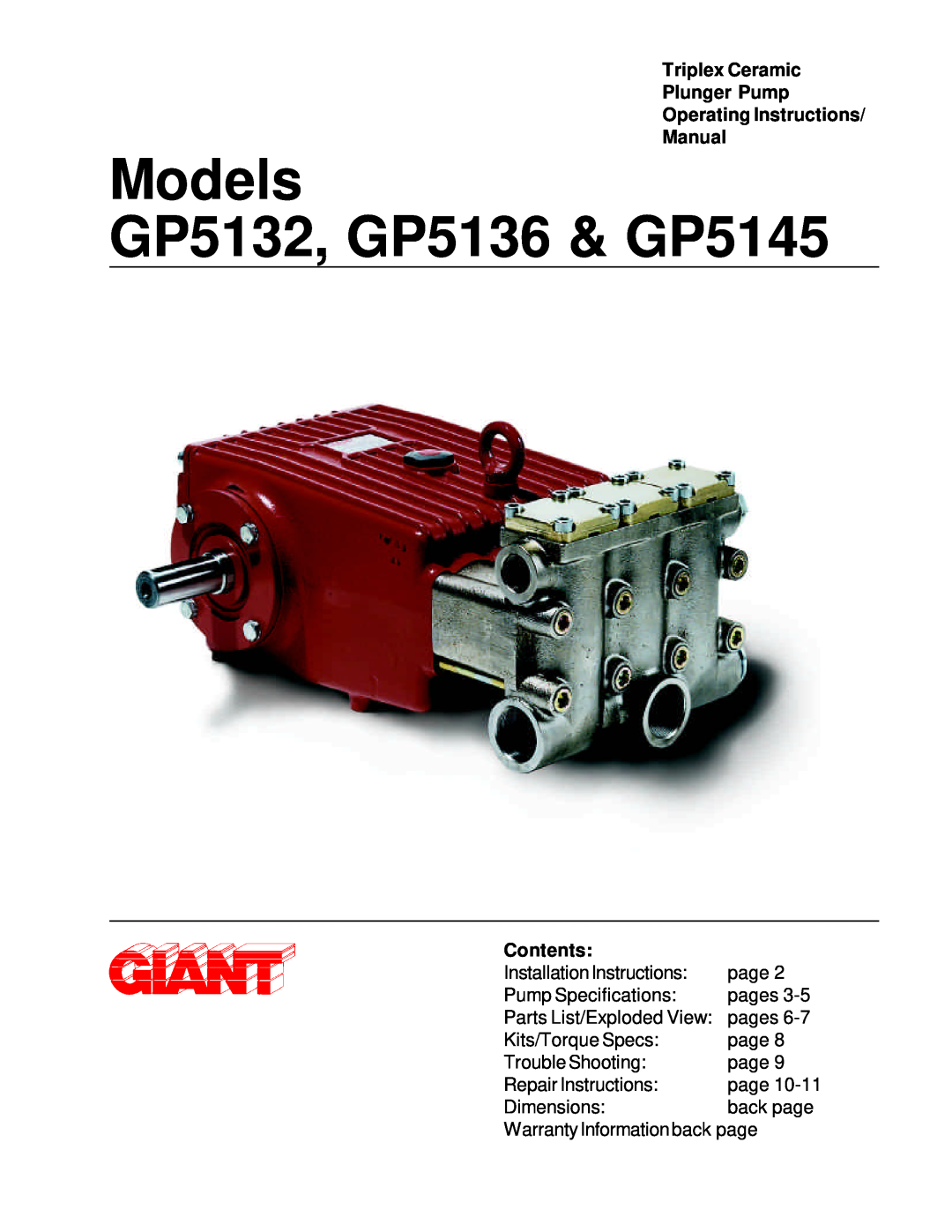 Giant GP5132 installation instructions Triplex Ceramic Plunger Pump, Operating Instructions Manual, Contents 
