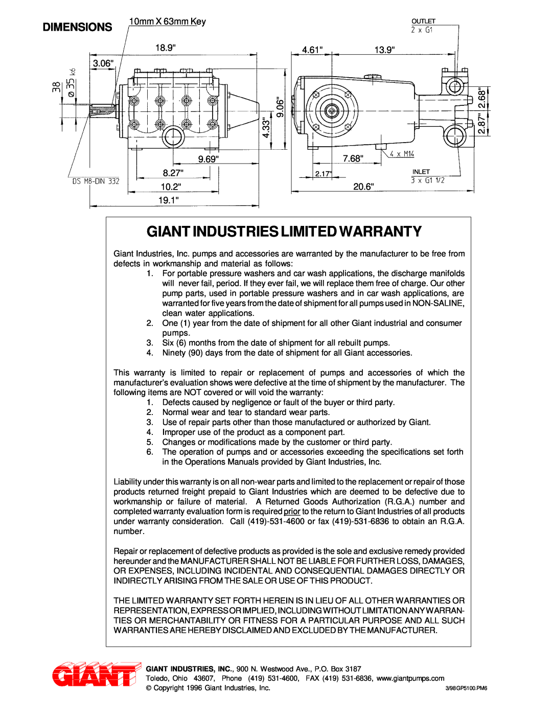 Giant GP5132 installation instructions Giant Industries Limited Warranty, Dimensions 