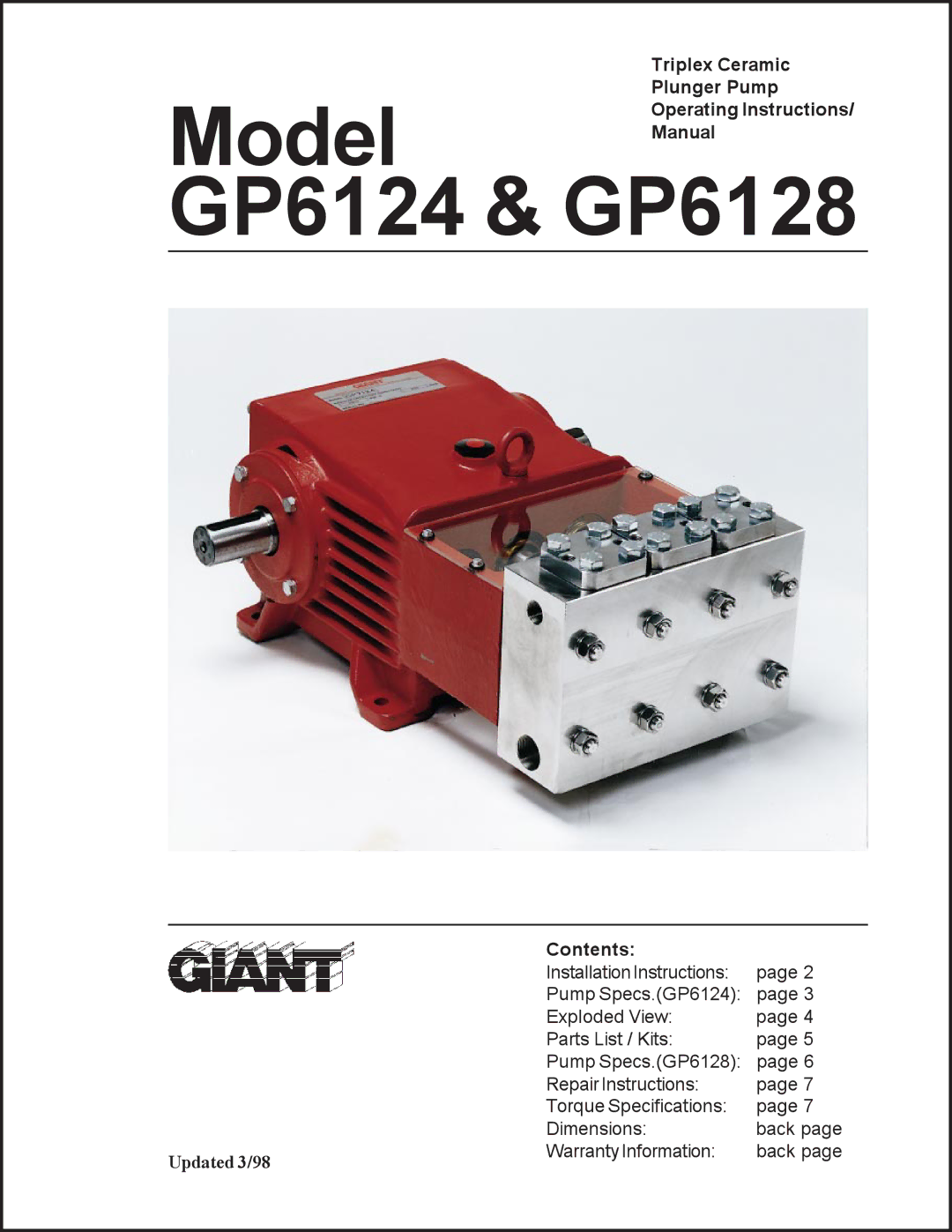 Giant GP6124 & GP6128 operating instructions Contents, Updated 3/98 