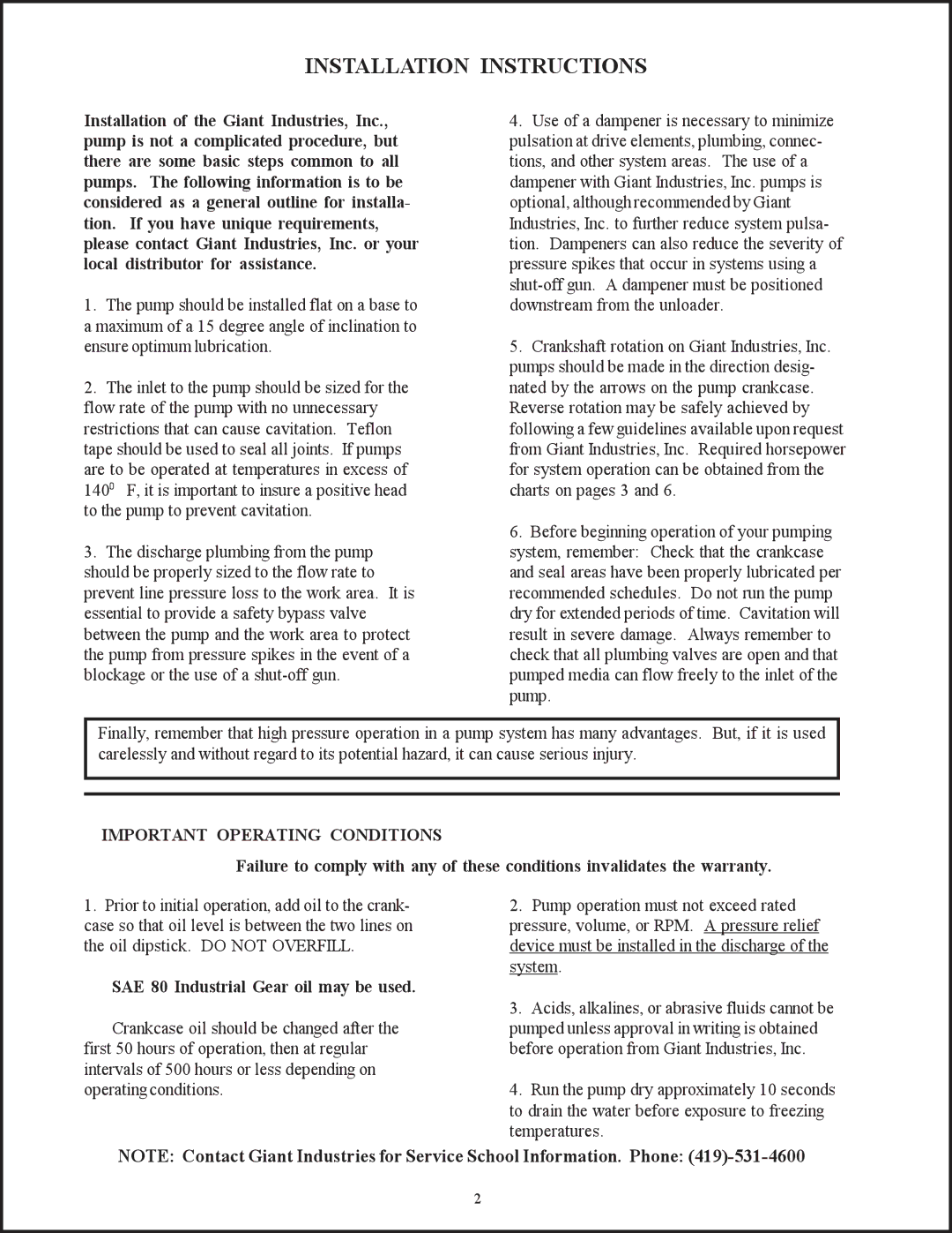 Giant GP6124 & GP6128 Installation Instructions, Important Operating Conditions, SAE 80 Industrial Gear oil may be used 