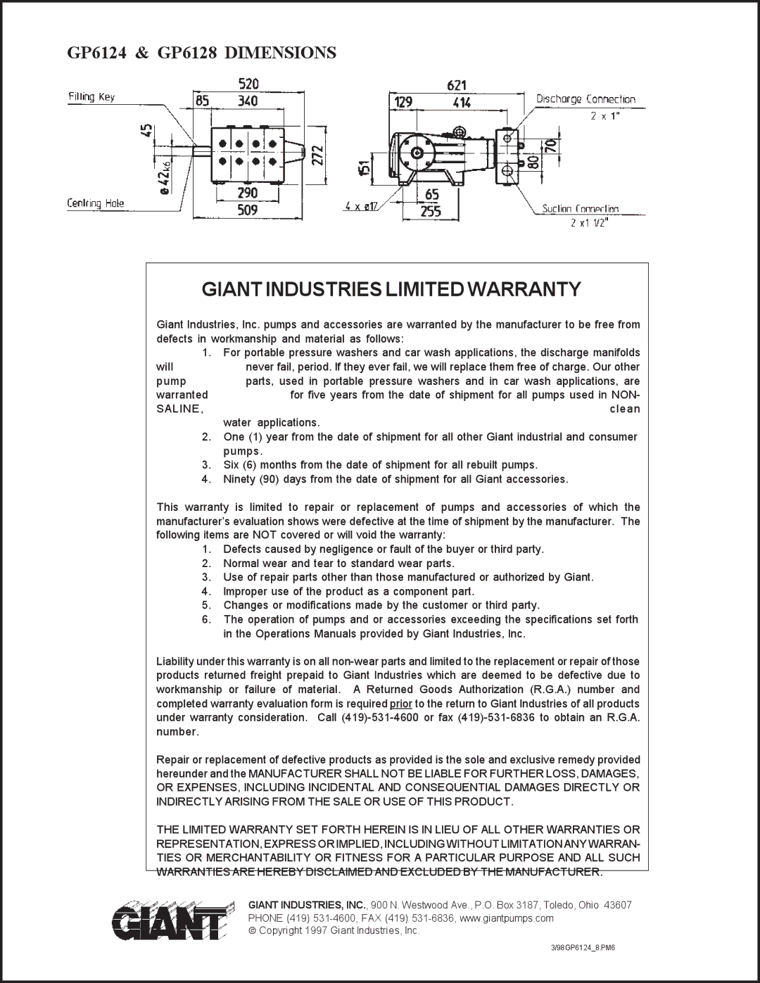 Giant operating instructions Giant Industries Limited Warranty, GP6124 & GP6128 Dimensions 