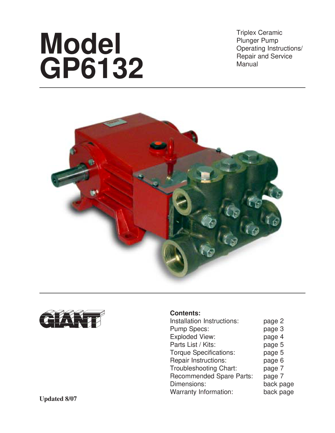 Giant installation instructions Model GP6132, Contents 